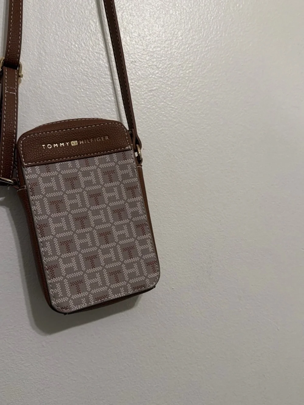 Tommy Hilfiger Brown Beige Monogram Crossbody Phone Bag